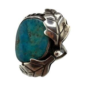 Vintage Native American Sterling Silver Turquoise Leaf And Rope Ring 5.5